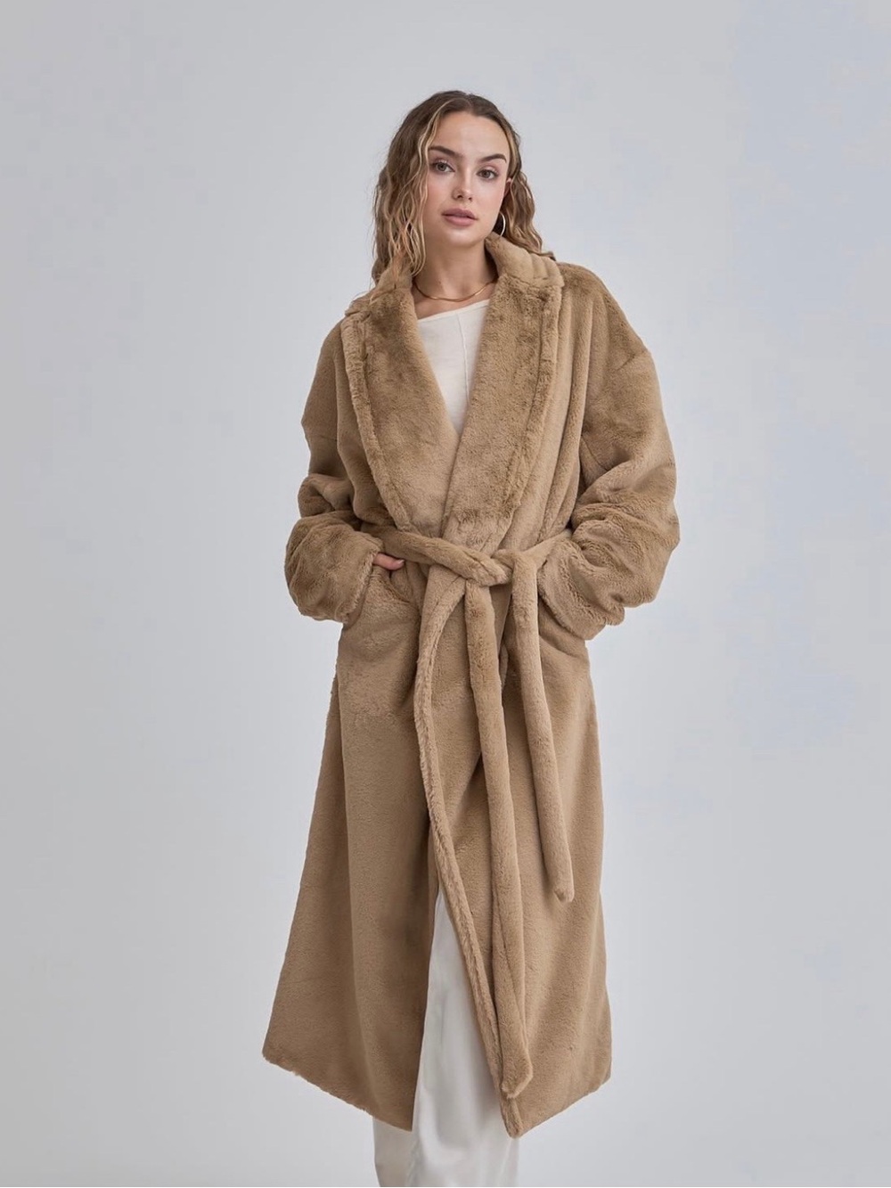 Cozy Teddy Wrap Coat in Camel
